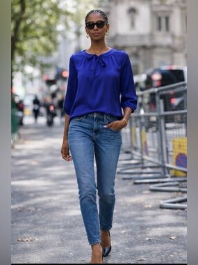 Gerard Darel 100% Silk Royal Blue Blouse | Tie Neck | Luxe Minimalist Top |